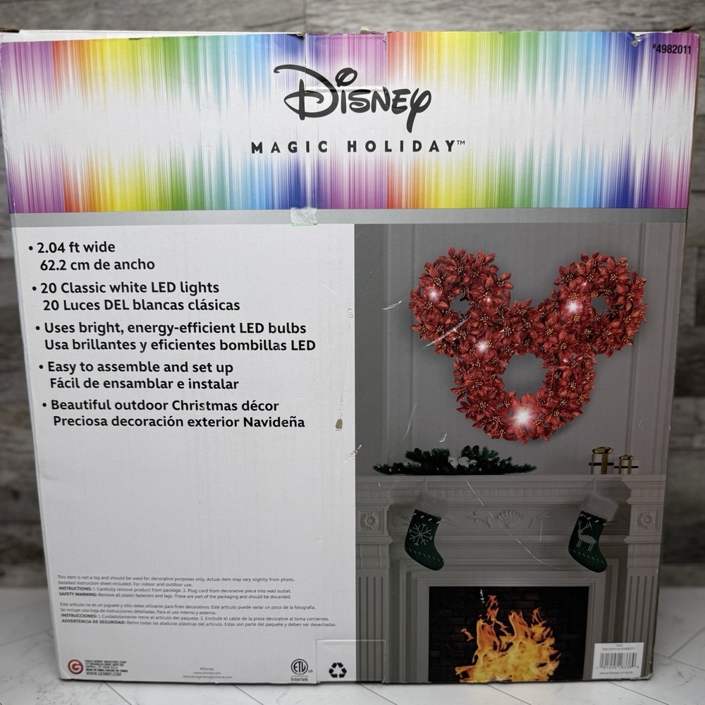 Mickey Mouse LED Lighted Poinsettia Wreath Disney Magic Holiday - Picture 2 of 2